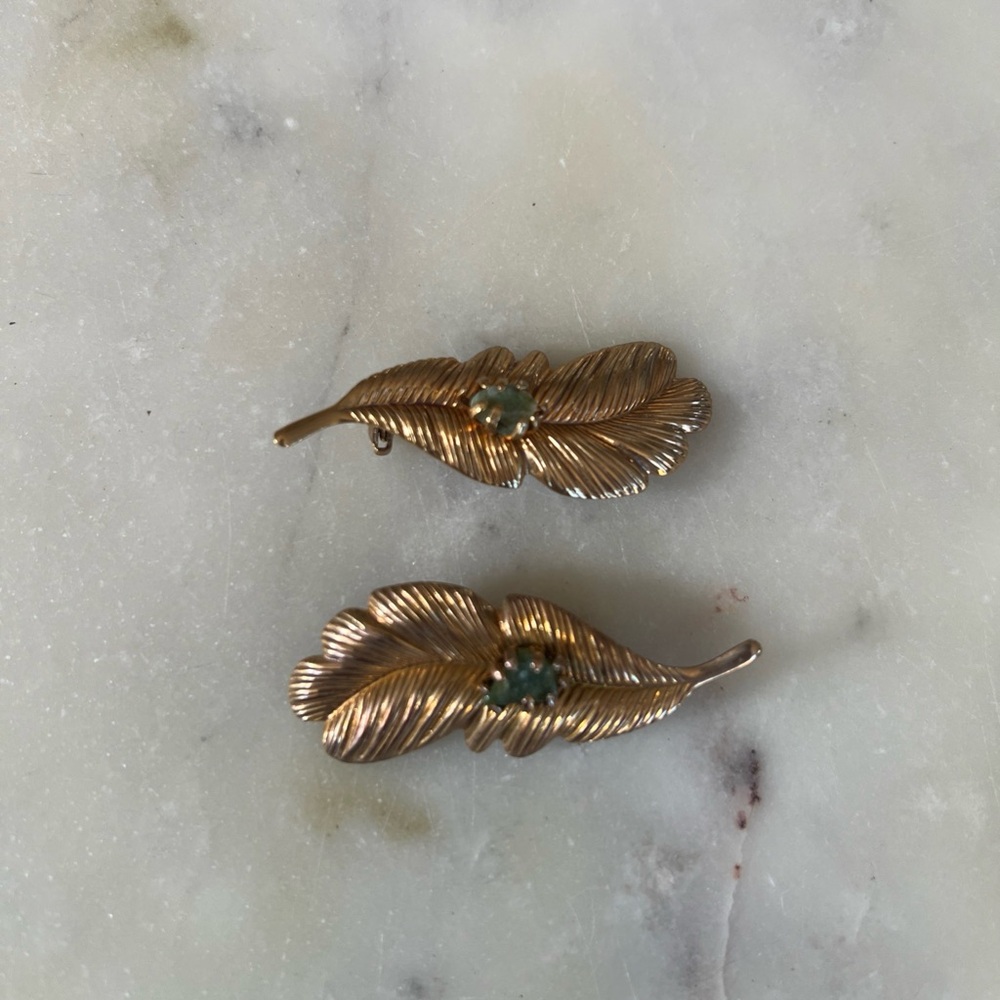 Source Unknown Gold Feather Brooches with Green Accent